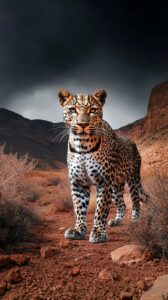 extreame wide angle shot of a leopard standing in the middle of a studio backgro...