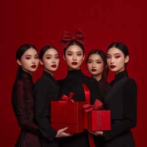 Fashion photography with four stylish asian women posing against a deep red back...