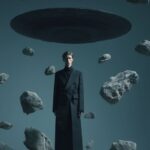 Vogue cover of a male model wearing a Balenciaga outfit, standing on a rooftop w...