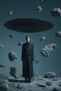 Vogue cover of a male model wearing a Balenciaga outfit, standing on a rooftop w...