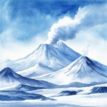 Create a joyful watercolor illustration of Kamchatka’s volcanic landscape, with ...