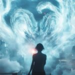 A cinematic cyberpunk shot from behind a woman holding a glowing energy weapon t...