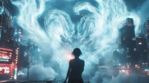 A cinematic cyberpunk shot from behind a woman holding a glowing energy weapon t...