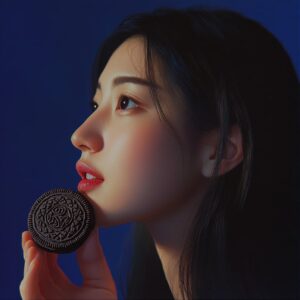 Close-up of a 30-year-old Chinese woman holding an Oreo cookie, in a side profil...