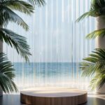 A mockup of a round wooden podium on the floor, against a backdrop of vertical g...