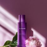 Product photography, a short shot of a skin care product with the text "My Peace...