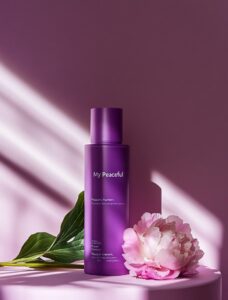 Product photography, a short shot of a skin care product with the text "My Peace...