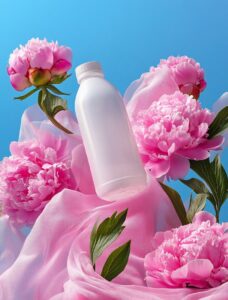 Product photography, "". photograph of a white plastic matte bottle-jug surround...