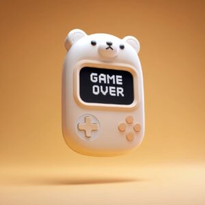 retro inspired design of a white bear head shaped portable pocked sized gaming c...