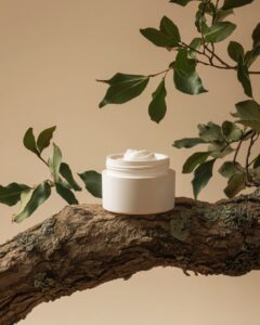 A white cosmetic jar with cream on top, resting on an old tree branch and surrou...