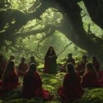 A group of women dressed in red and green robes, gathered around the center of a...