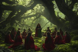 A group of women dressed in red and green robes, gathered around the center of a...