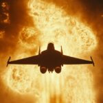 vertical plumes of gas and fire in deep space, a tiny space fighter silhouette, ...