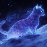 A cat made of glowing particles floating in space on a deep black background. Th...