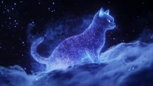 A cat made of glowing particles floating in space on a deep black background. Th...