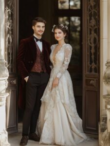 A stunning bride and groom in modern Regency-inspired wedding attire, standing t...