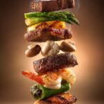 Prompt:A perfectly balanced stack of sizzling grilled...