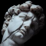 Hyperrealistic photograph of a classical Greek marble statue with damaged smooth...
