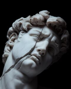 Hyperrealistic photograph of a classical Greek marble statue with damaged smooth...