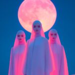 fashion photography, three arabian women wearing abaya and hijab, standing in th...
