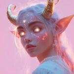 A radiant starlight elf with glowing golden horns, her intricate facial tattoos ...