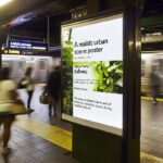 "A realistic urban scene featuring a large poster on a modern nNew York city Sub...