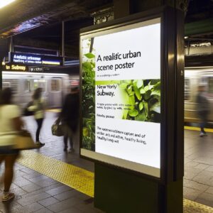 "A realistic urban scene featuring a large poster on a modern nNew York city Sub...