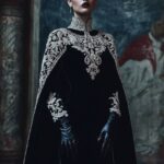A black velvet long-sleeved dress with white embroidery on the shoulders and sle...