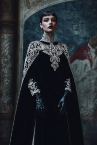 A black velvet long-sleeved dress with white embroidery on the shoulders and sle...