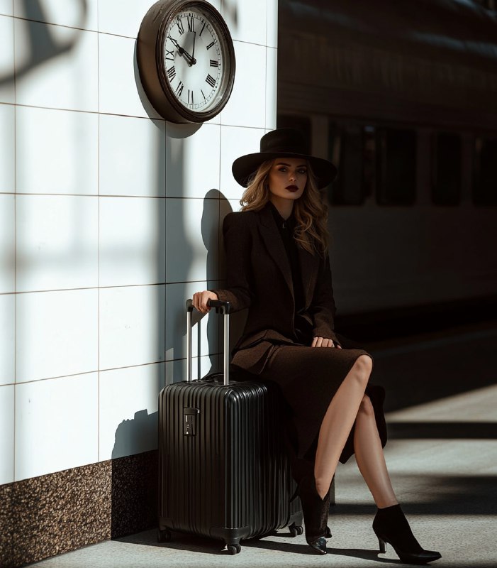 XlyEOZ47Xf4jkWRFTUWofLAP2MK5WGXzFOPVhvklup_1_QYFpAAvOXlLYtATdGVj6w5w0D-CeqFjag5sBEwdGKPnS8RhAFXlq0FZ.jpeg A woman in an elegant suit with black shoes and hat is sitting on top of her lar...