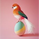 A colourful bird with white tail feathers perched on an egg. Set against a blush...