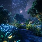 a lush green garden at midnight lit by a indigo glowing trail, glowing plants, r...