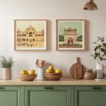 Modern vintage kitchen wall with two A3-sized wooden frames, featuring Jaipur-th...