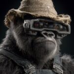 gorilla monster wearing big tweed hat and modern AR goggles, photorealistic, cin...