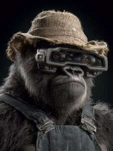 gorilla monster wearing big tweed hat and modern AR goggles, photorealistic, cin...