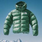 A bean green The North Face down jacket, flying in the sky above the snow-capped...