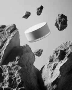 A white cosmetic jar floating in the air, surrounded by rocks, photographed from...