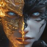 A close-up portrait of a mystical figure with a dual persona. One side of their ...