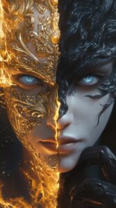 A close-up portrait of a mystical figure with a dual persona. One side of their ...