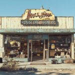 A highly realistic image of a storefront in a Texas landscape, featuring a wide-...