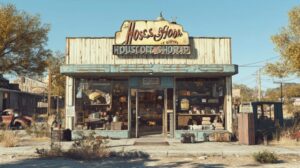 A highly realistic image of a storefront in a Texas landscape, featuring a wide-...