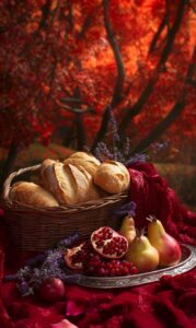 A lavish macro picnic scene with a wicker basket filled with freshly baked bague...