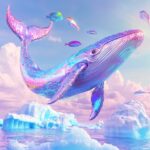 An iridescent crystal glass whale flying over icebergs, with colorful fish in th...
