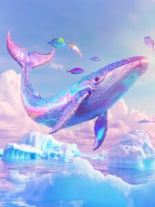 An iridescent crystal glass whale flying over icebergs, with colorful fish in th...