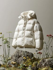 A white down jacket, hanging on moss and rocks, with a light grey and beige back...