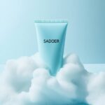 A tube of light blue body wash stands on top of an explosion of white foam, with...