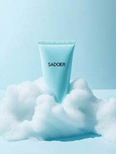 A tube of light blue body wash stands on top of an explosion of white foam, with...