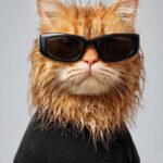 Prompt: Cool ginger cat with spiky wet...