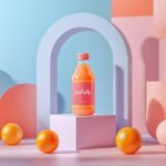 A bottle of juice stands on an arch in the center, the bottle stand on the ((gla...