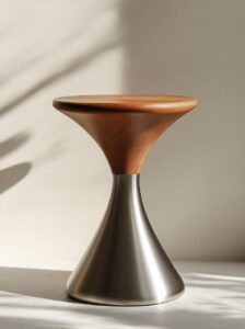 A minimalist stool with a stainless steel base and wood top, photographed in the...